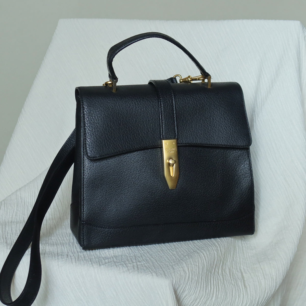 Celine Vintage Black Gold Turn lock Top Handle 2way Shoulder Flap Bag