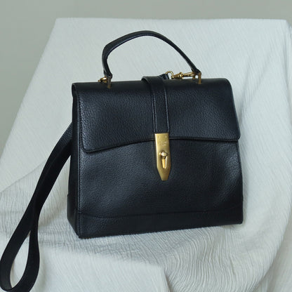 Celine Vintage Black Gold Turn lock Top Handle 2way Shoulder Flap Bag