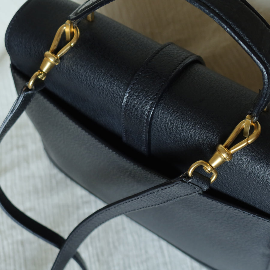 Celine Vintage Black Gold Turn lock Top Handle 2way Shoulder Flap Bag