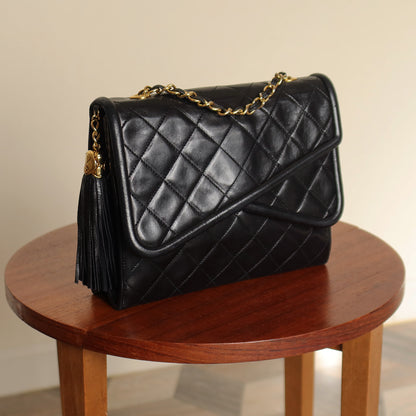 Chanel Vintage Black Lambskin Medium Asymmetrical Double Flap Bag