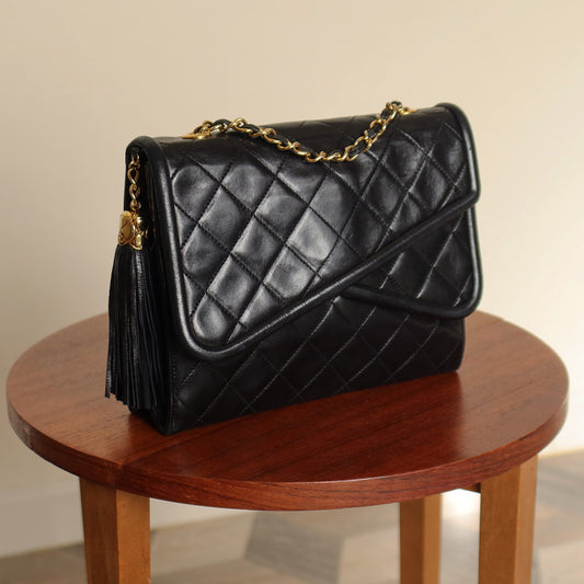 Chanel Vintage Black Lambskin Medium Asymmetrical Double Flap Bag