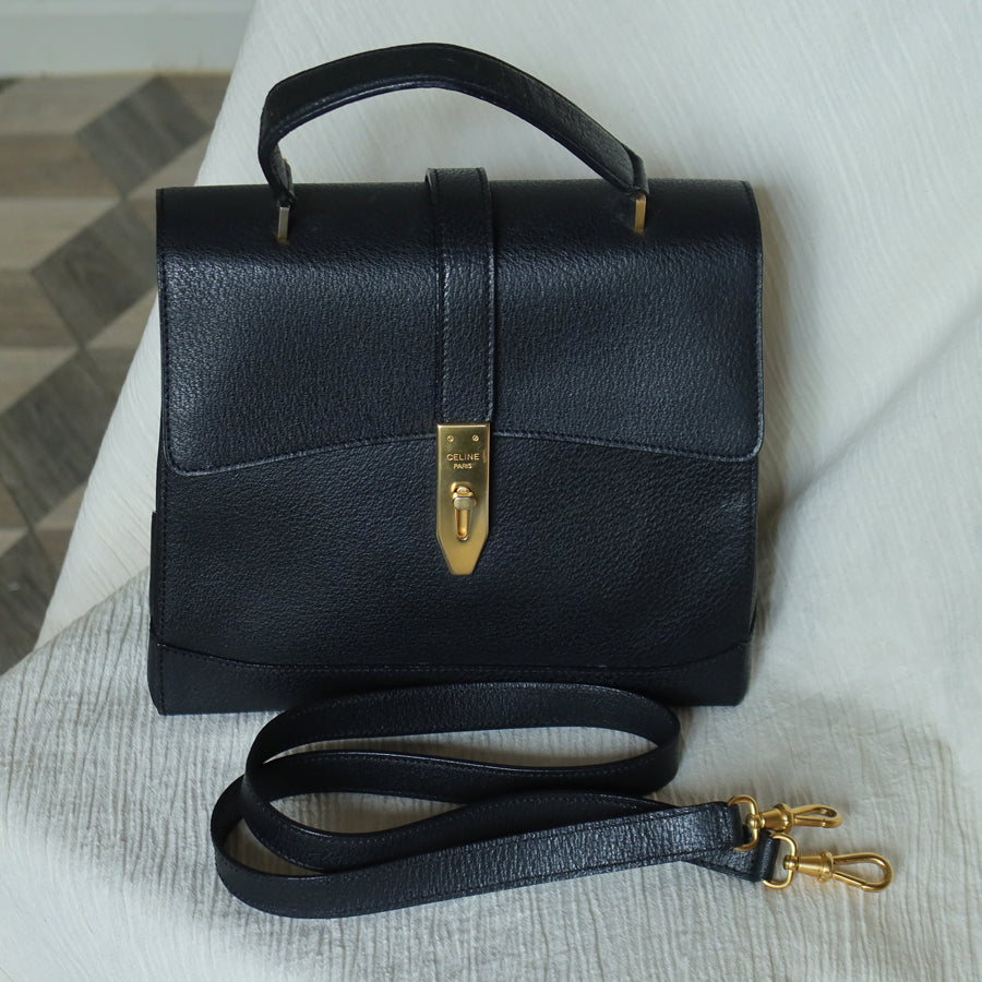 Celine Vintage Black Gold Turn lock Top Handle 2way Shoulder Flap Bag
