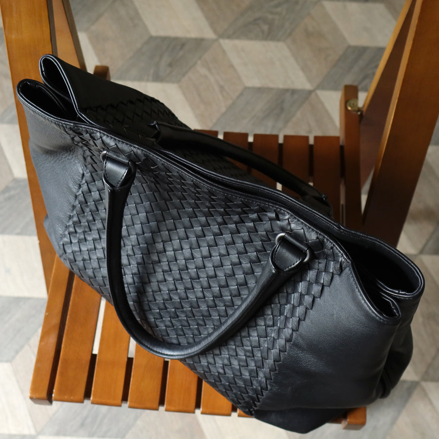 Bottega Veneta Vintage Black Intrecciato Rolled Handle Large Shoulder Tote Bag