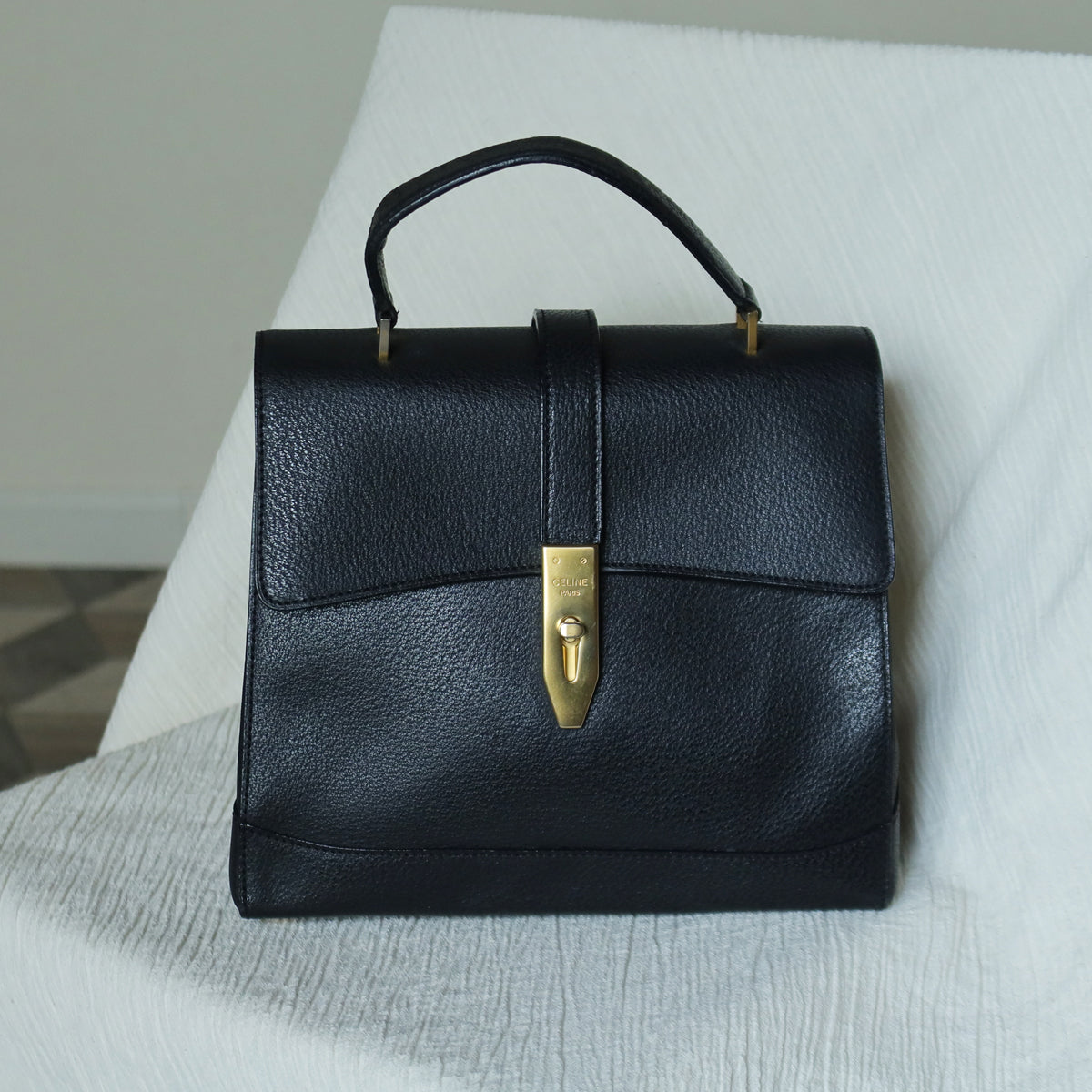 Celine Vintage Black Gold Turn lock Top Handle 2way Shoulder Flap Bag