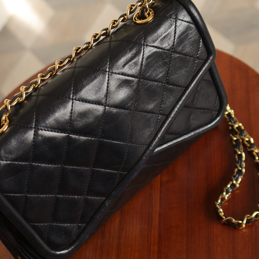 Chanel Vintage Black Lambskin Medium Asymmetrical Double Flap Bag