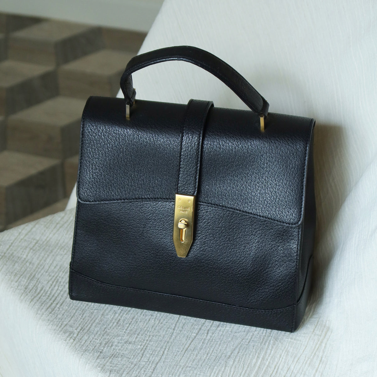 Celine Vintage Black Gold Turn lock Top Handle 2way Shoulder Flap Bag
