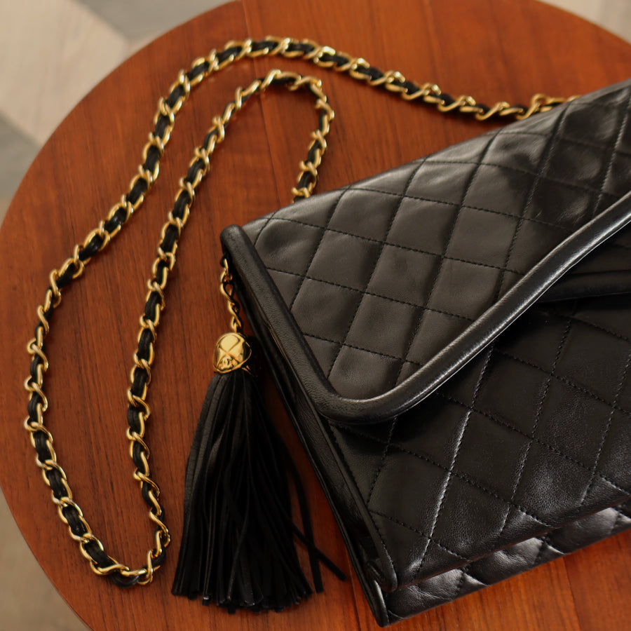 Chanel Vintage Black Lambskin Medium Asymmetrical Double Flap Bag