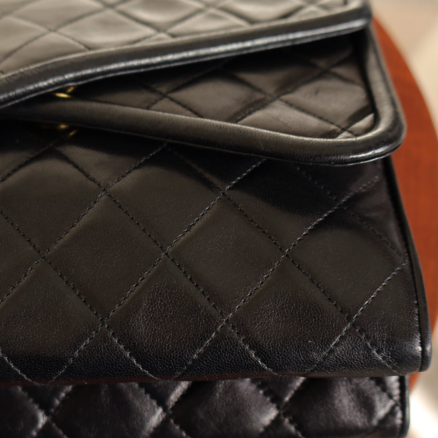 Chanel Vintage Black Lambskin Medium Asymmetrical Double Flap Bag
