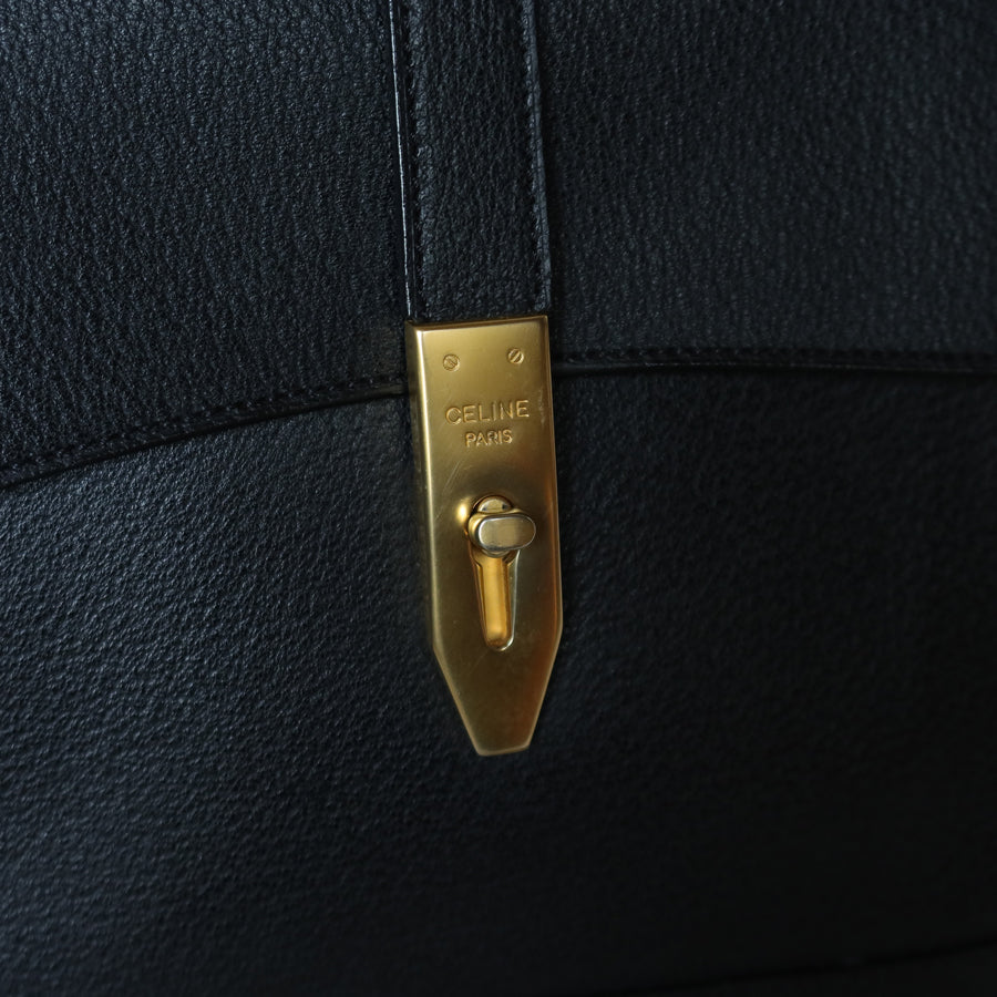 Celine Vintage Black Gold Turn lock Top Handle 2way Shoulder Flap Bag