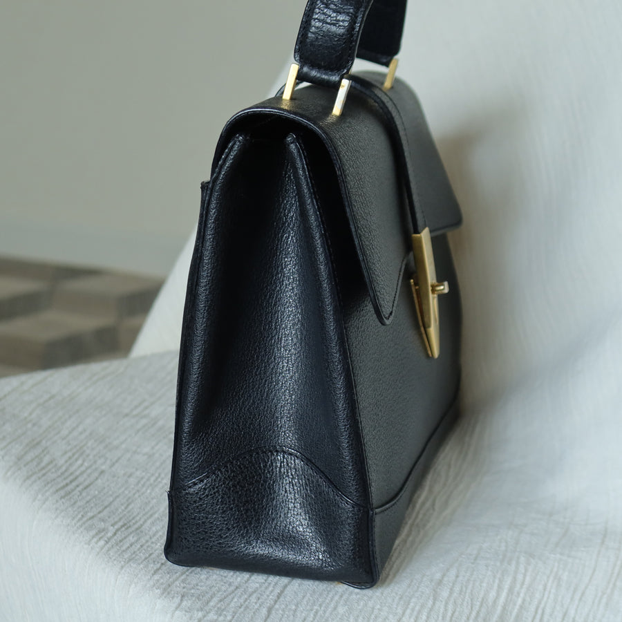 Celine Vintage Black Gold Turn lock Top Handle 2way Shoulder Flap Bag