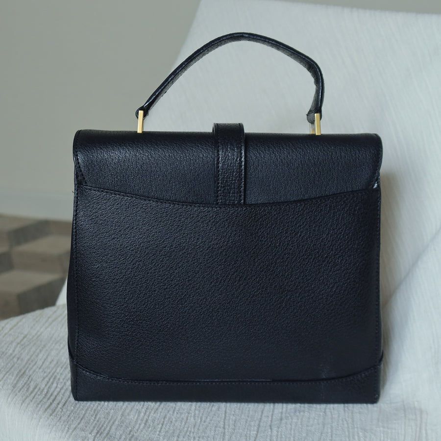Celine Vintage Black Gold Turn lock Top Handle 2way Shoulder Flap