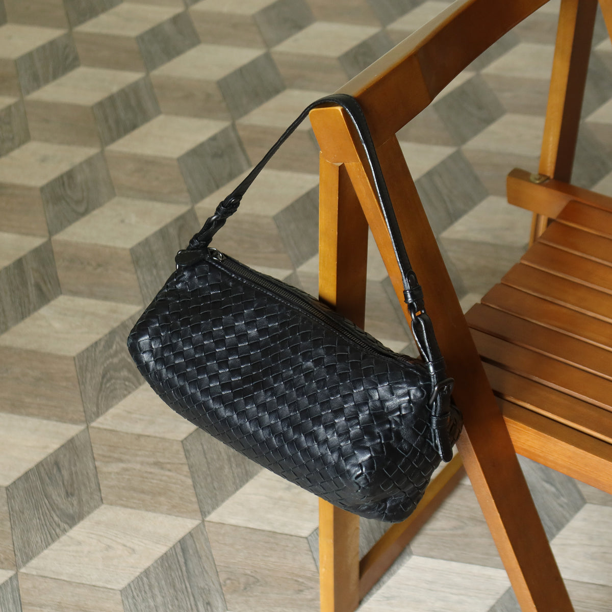 Bottega Veneta Vintage Black Intrecciato Leather Rhombus Shoulder Bag