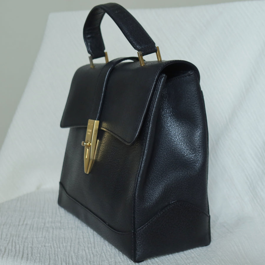 Celine Vintage Black Gold Turn lock Top Handle 2way Shoulder Flap Bag