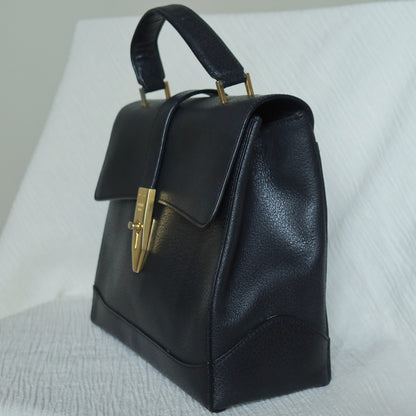Celine Vintage Black Gold Turn lock Top Handle 2way Shoulder Flap Bag