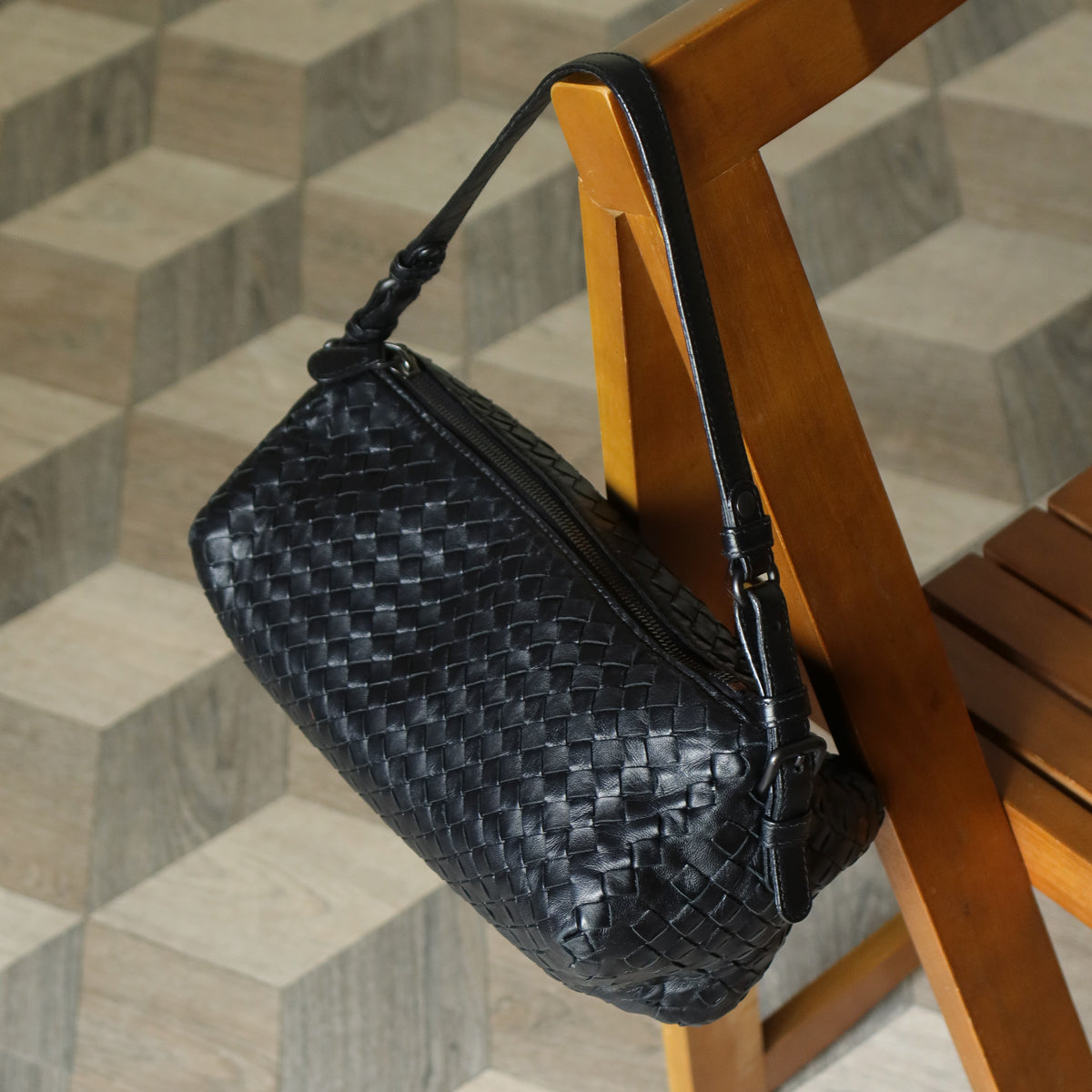 Bottega Veneta Vintage Black Intrecciato Leather Rhombus Shoulder Bag