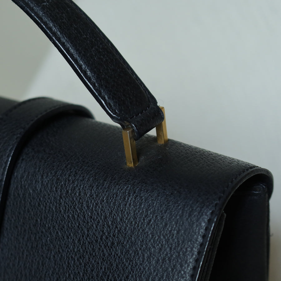 Celine Vintage Black Gold Turn lock Top Handle 2way Shoulder Flap Bag