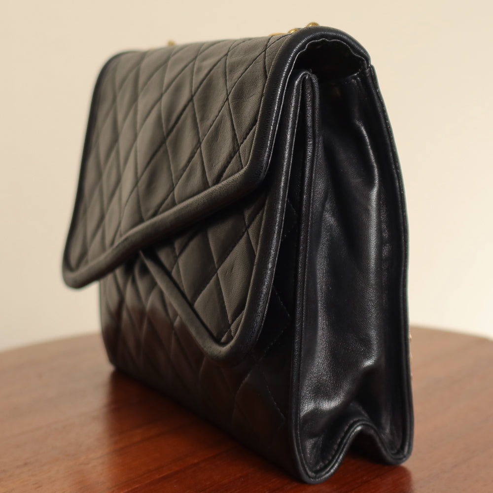 Chanel Vintage Black Lambskin Medium Asymmetrical Double Flap Bag