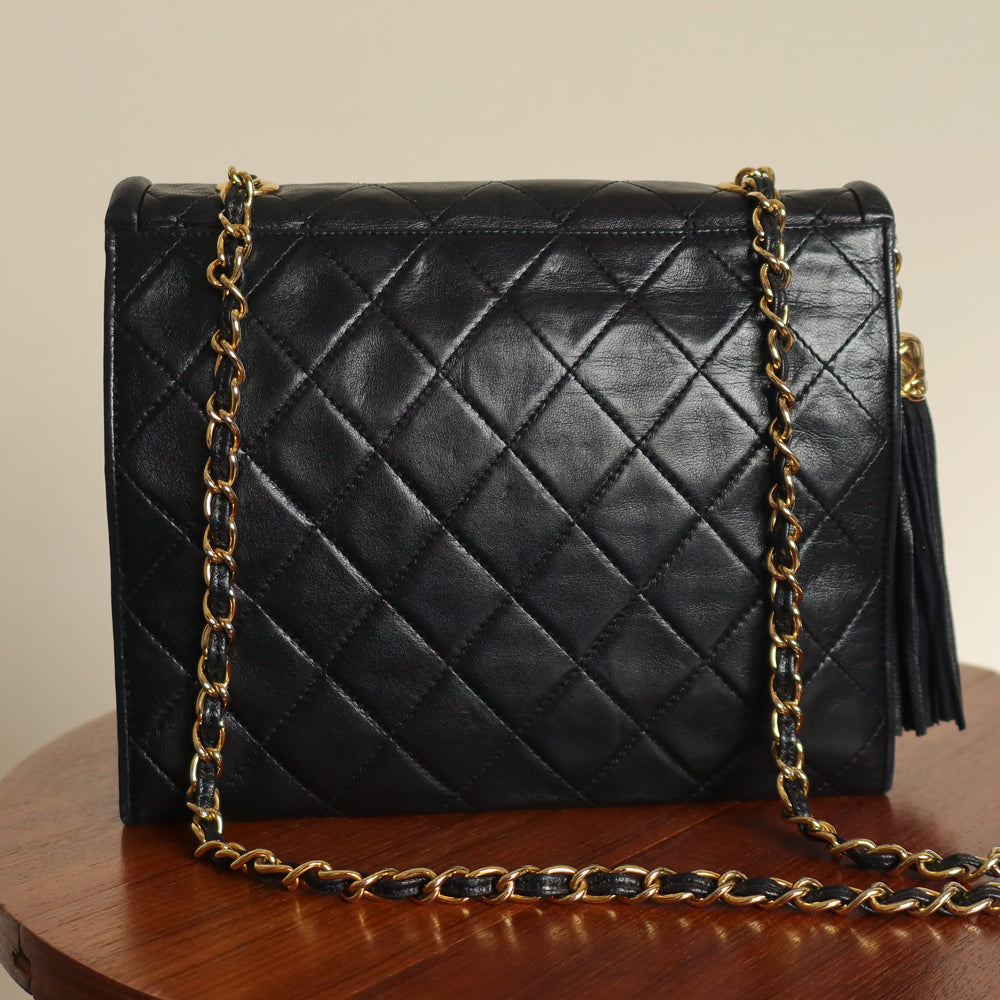 Chanel Vintage Black Lambskin Medium Asymmetrical Double Flap Bag