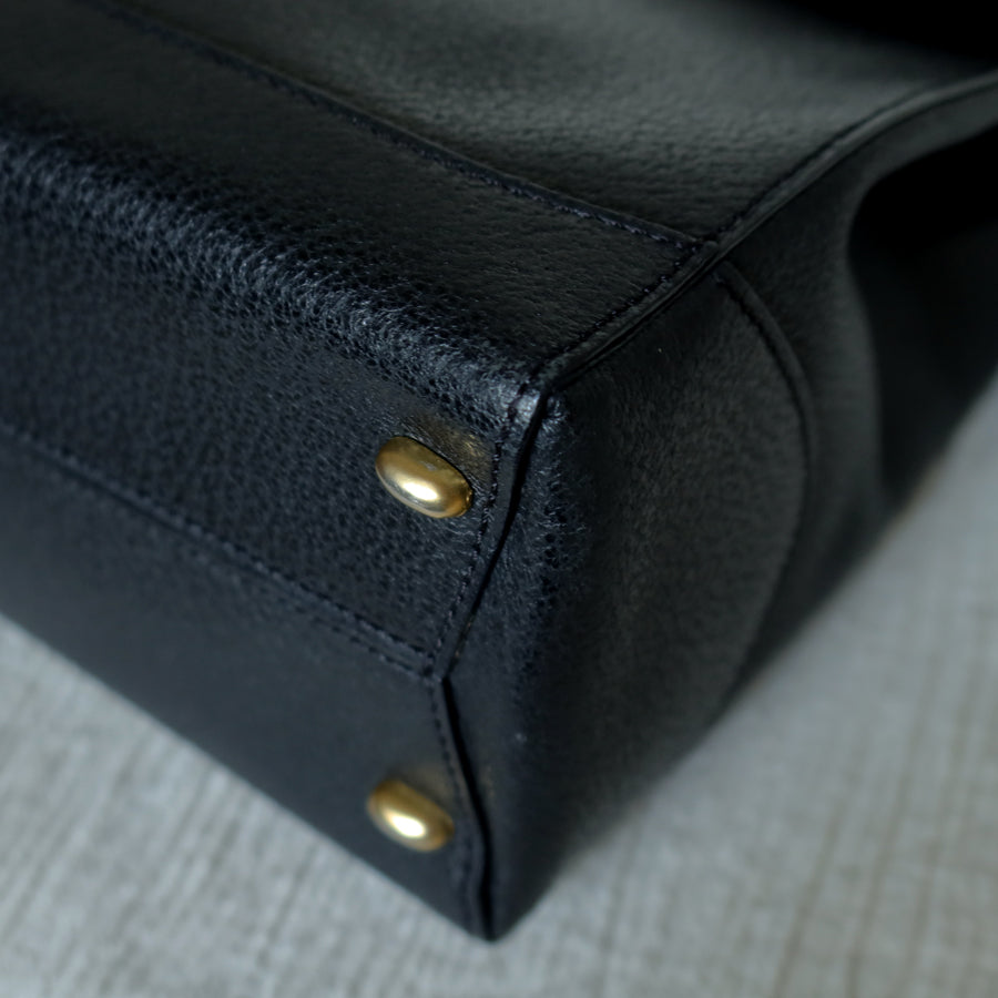 Celine Vintage Black Gold Turn lock Top Handle 2way Shoulder Flap Bag