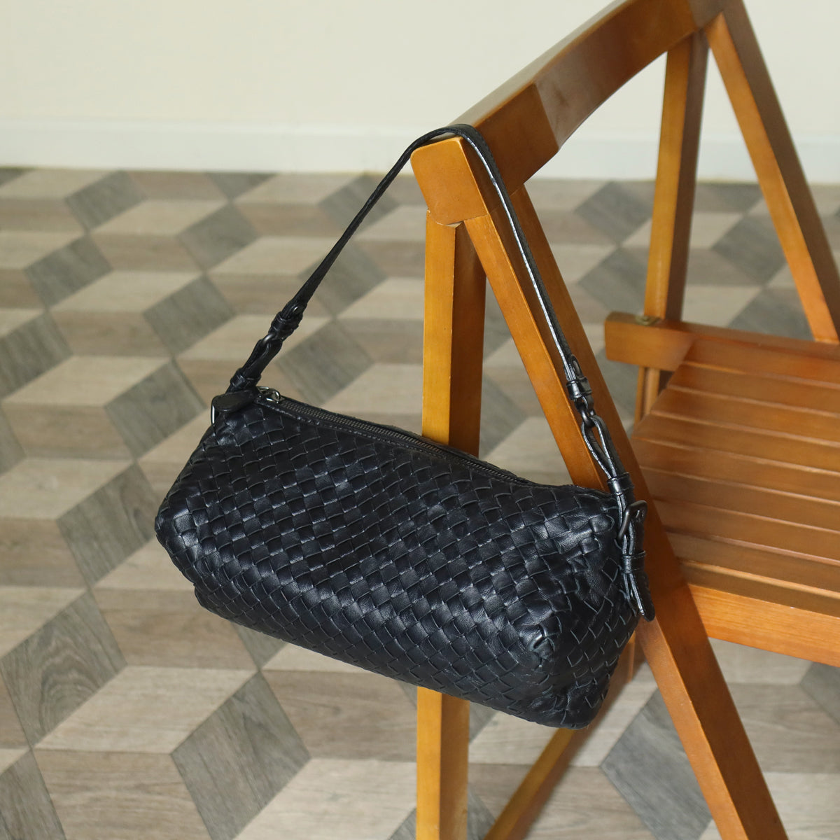 Bottega Veneta Vintage Black Intrecciato Leather Rhombus Shoulder Bag