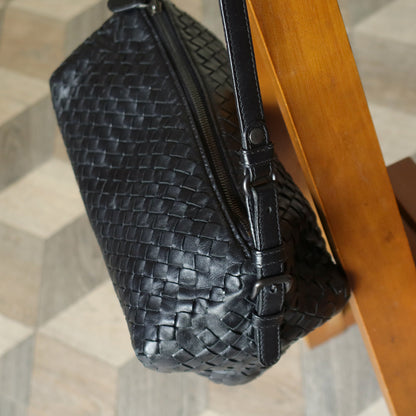 Bottega Veneta Vintage Black Intrecciato Leather Rhombus Shoulder Bag