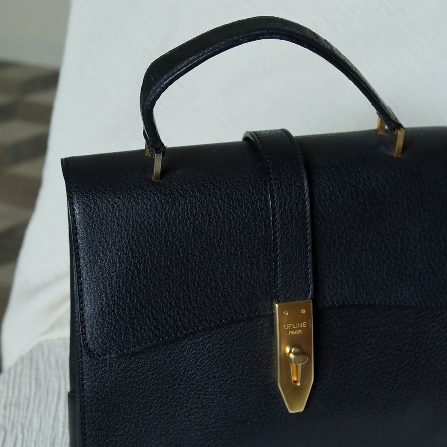 Celine Vintage Black Gold Turn lock Top Handle 2way Shoulder Flap Bag