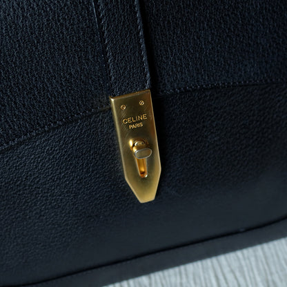 Celine Vintage Black Gold Turn lock Top Handle 2way Shoulder Flap Bag