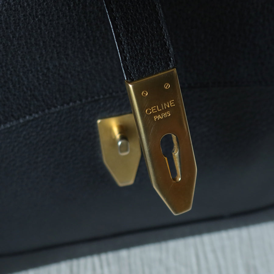 Celine Vintage Black Gold Turn lock Top Handle 2way Shoulder Flap Bag