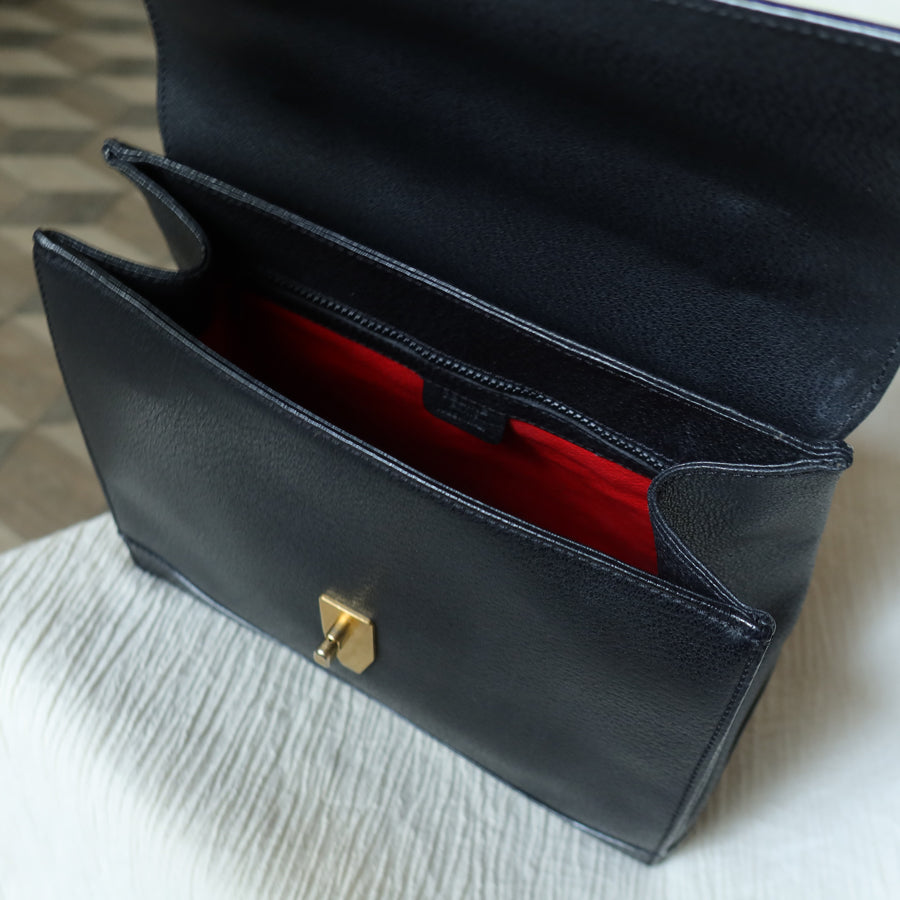 Celine Vintage Black Gold Turn lock Top Handle 2way Shoulder Flap Bag