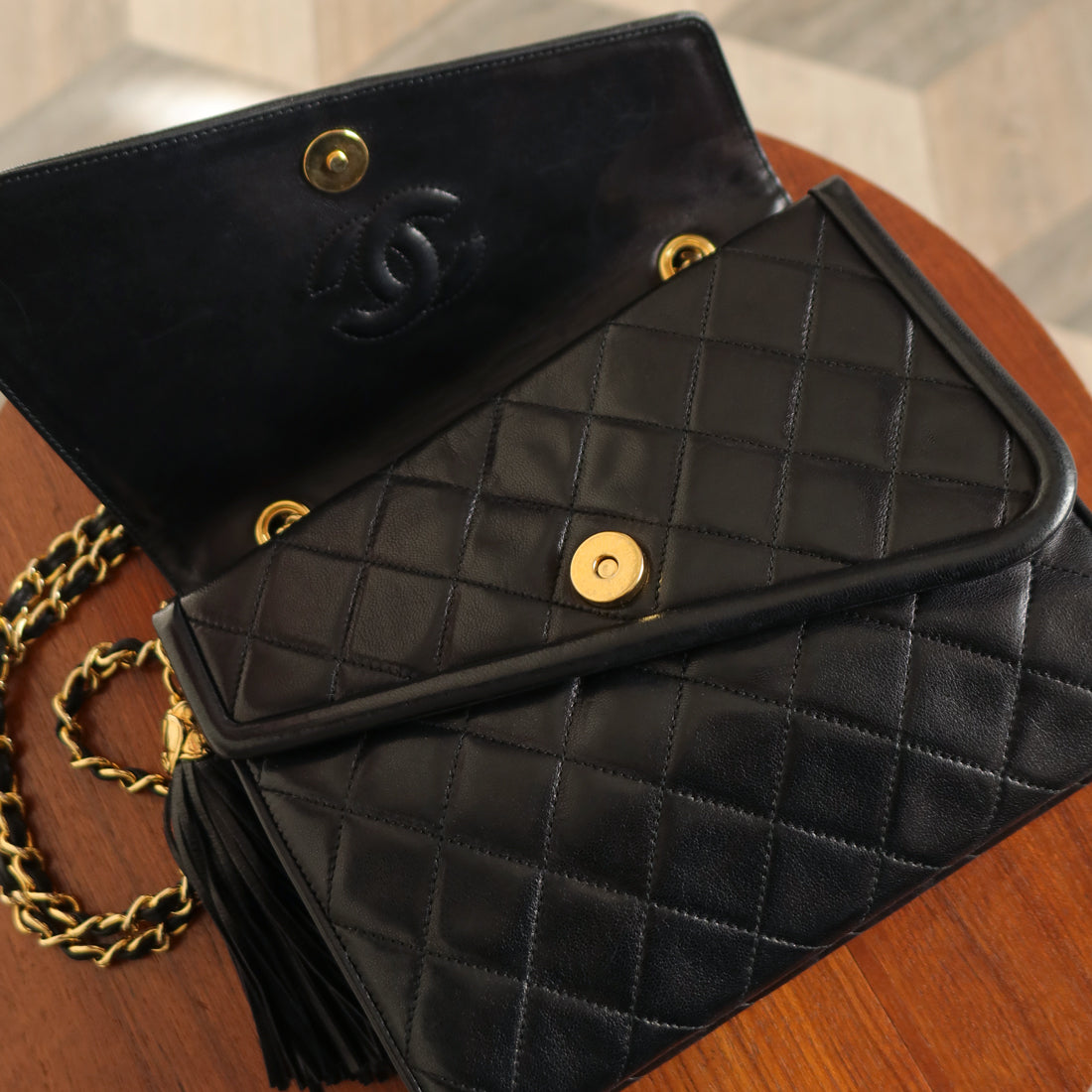 Chanel Vintage Black Lambskin Medium Asymmetrical Double Flap Bag