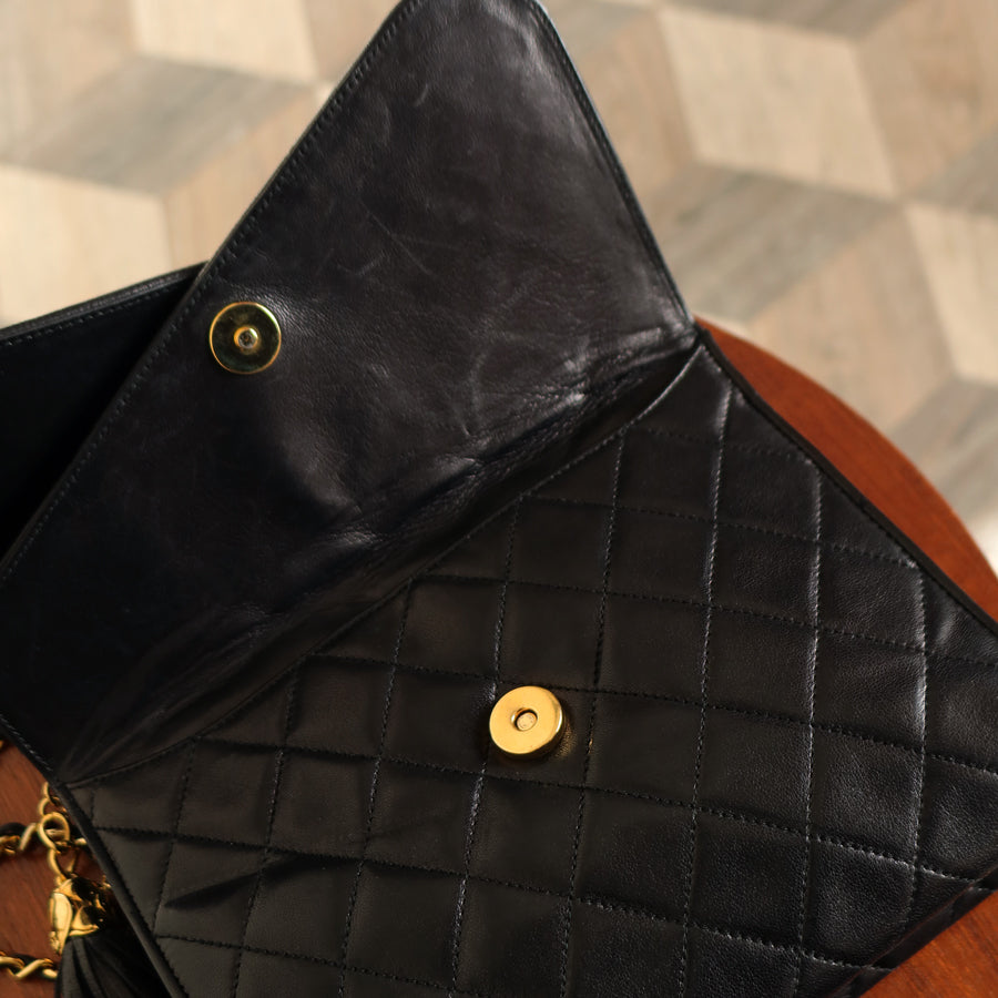 Chanel Vintage Black Lambskin Medium Asymmetrical Double Flap Bag