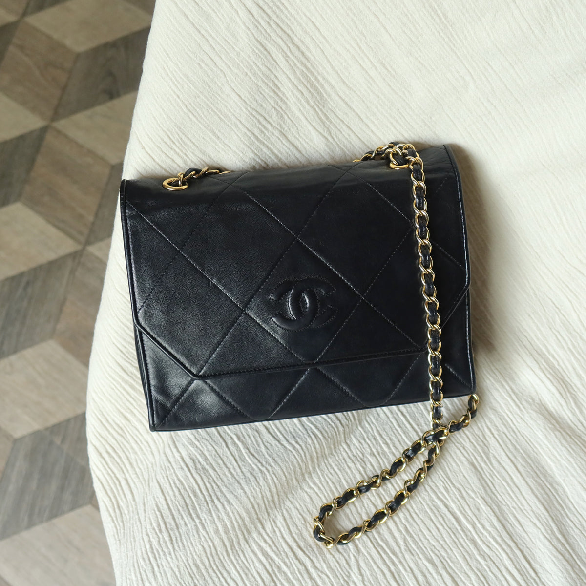Chanel Vintage Black Lambskin Matelasse CC mark Diamond Quilted Flap Bag