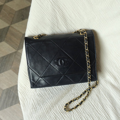 Chanel Vintage Black Lambskin Matelasse CC mark Diamond Quilted Flap Bag