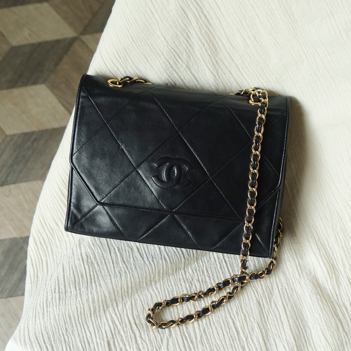 Chanel Vintage Black Lambskin Matelasse CC mark Diamond Quilted Flap Bag