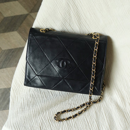 Chanel Vintage Black Lambskin Matelasse CC mark Diamond Quilted Flap Bag