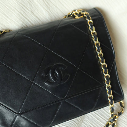 Chanel Vintage Black Lambskin Matelasse CC mark Diamond Quilted Flap Bag
