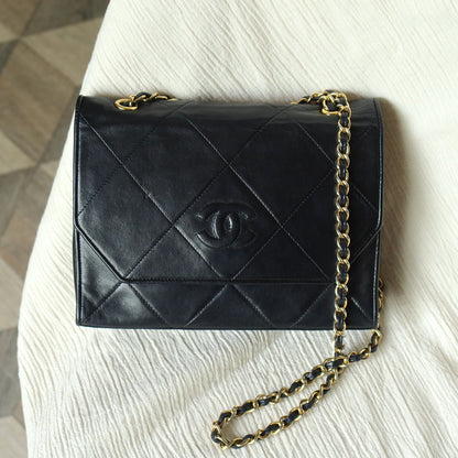 Chanel Vintage Black Lambskin Matelasse CC mark Diamond Quilted Flap Bag