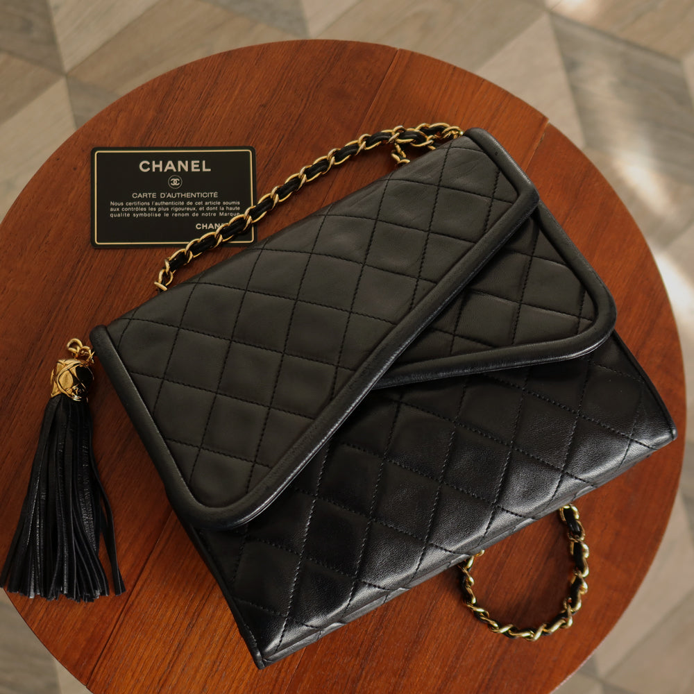 Chanel Vintage Black Lambskin Medium Asymmetrical Double Flap Bag