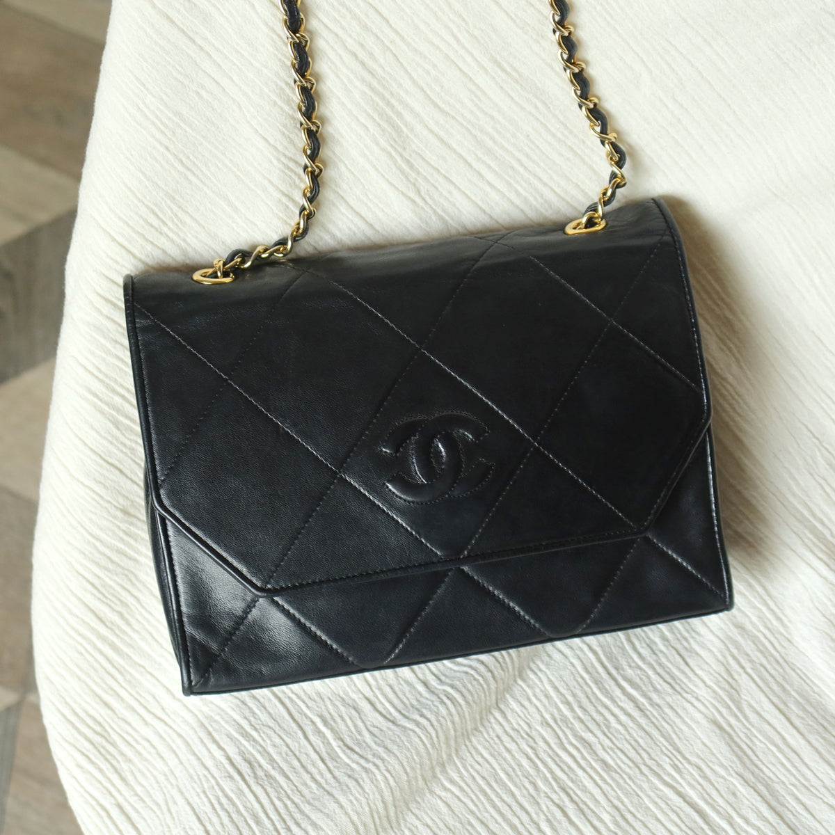 Chanel Vintage Black Lambskin Matelasse CC mark Diamond Quilted Flap Bag