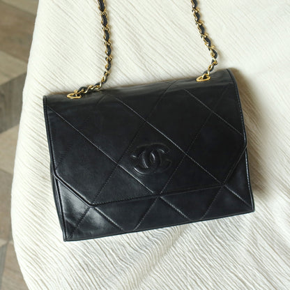 Chanel Vintage Black Lambskin Matelasse CC mark Diamond Quilted Flap Bag