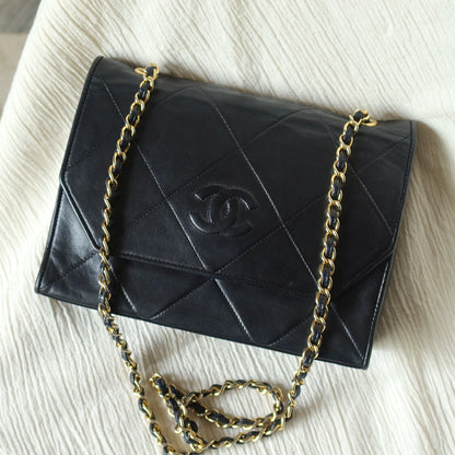 Chanel Vintage Black Lambskin Matelasse CC mark Diamond Quilted Flap Bag
