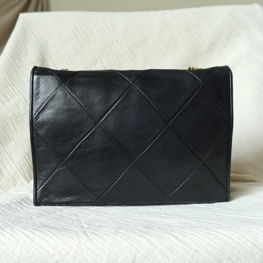 Chanel Vintage Black Lambskin Matelasse CC mark Diamond Quilted Flap Bag