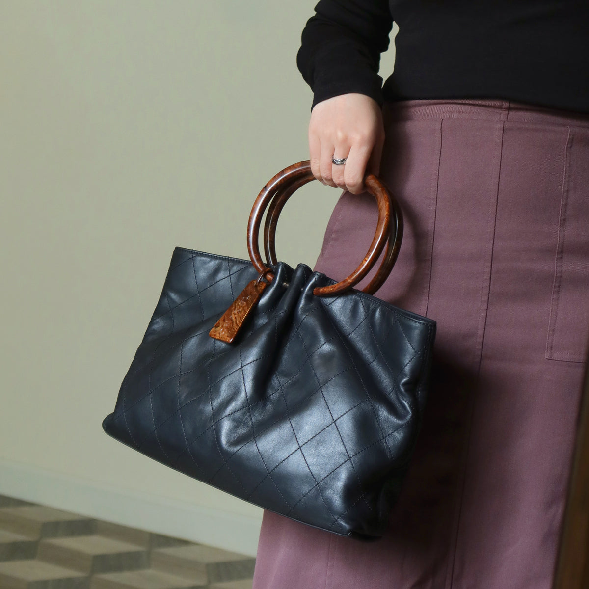 Chanel Vintage Black Lambskin Stitched Wood Resin Top Handle Weekend Bag N