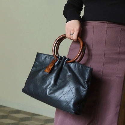 Chanel Vintage Black Lambskin Stitched Wood Resin Top Handle Weekend Bag N