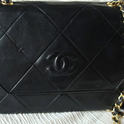 Chanel Vintage Black Lambskin Matelasse CC mark Diamond Quilted Flap Bag