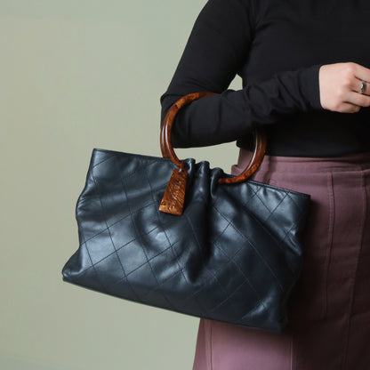 Chanel Vintage Black Lambskin Stitched Wood Resin Top Handle Weekend Bag N