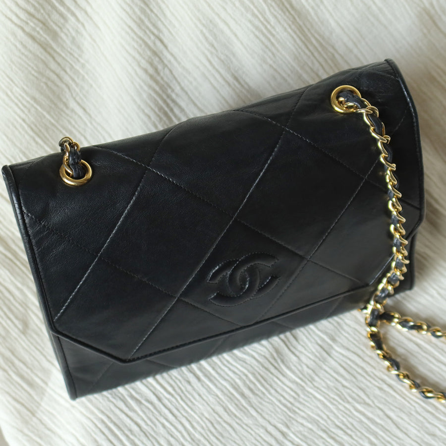 Chanel Vintage Black Lambskin Matelasse CC mark Diamond Quilted Flap Bag