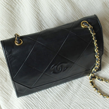 Chanel Vintage Black Lambskin Matelasse CC mark Diamond Quilted Flap Bag