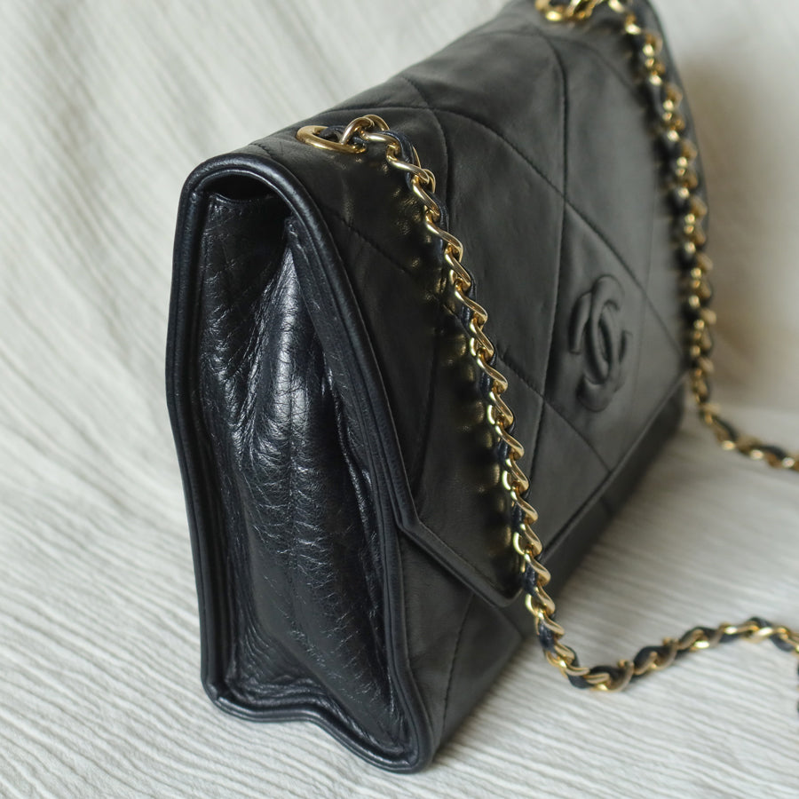 Chanel Vintage Black Lambskin Matelasse CC mark Diamond Quilted Flap Bag