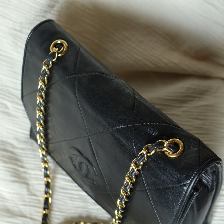 Chanel Vintage Black Lambskin Matelasse CC mark Diamond Quilted Flap Bag